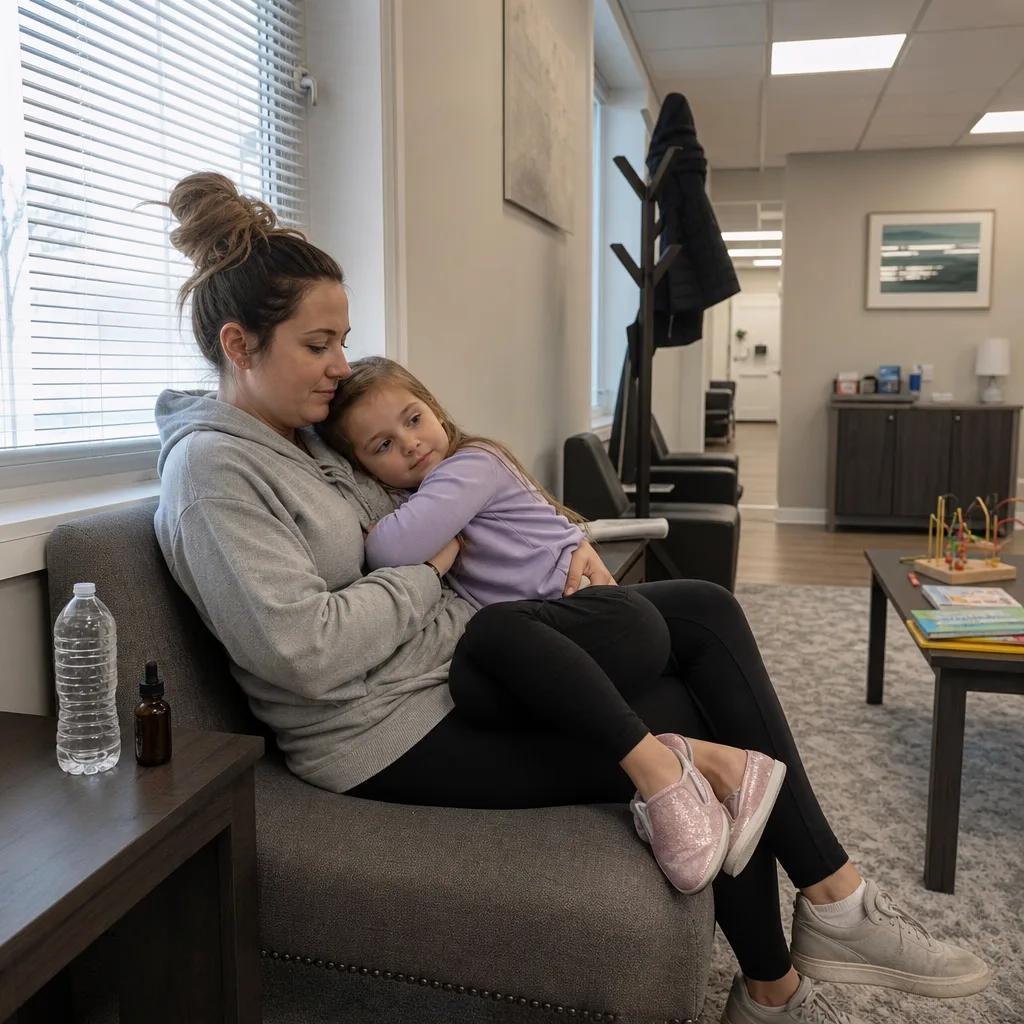 Mother holding her young daughter on a waiting room chair with a water bottle and small dropper bottle on the side table