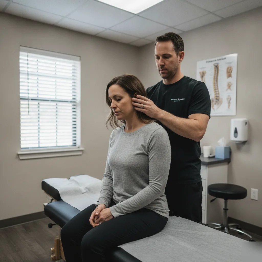 Chiropractor gently assessing a seated patient's head and upper neck during a first headache relief visit in Leesburg