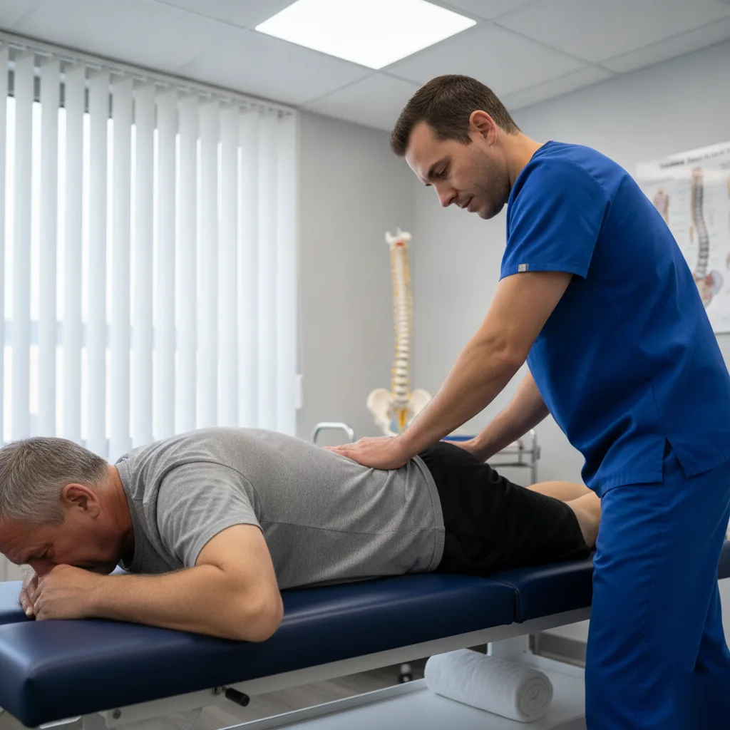 Doctor performing a gentle lumbar adjustment on a patient lying face down as part of conservative herniated disc care