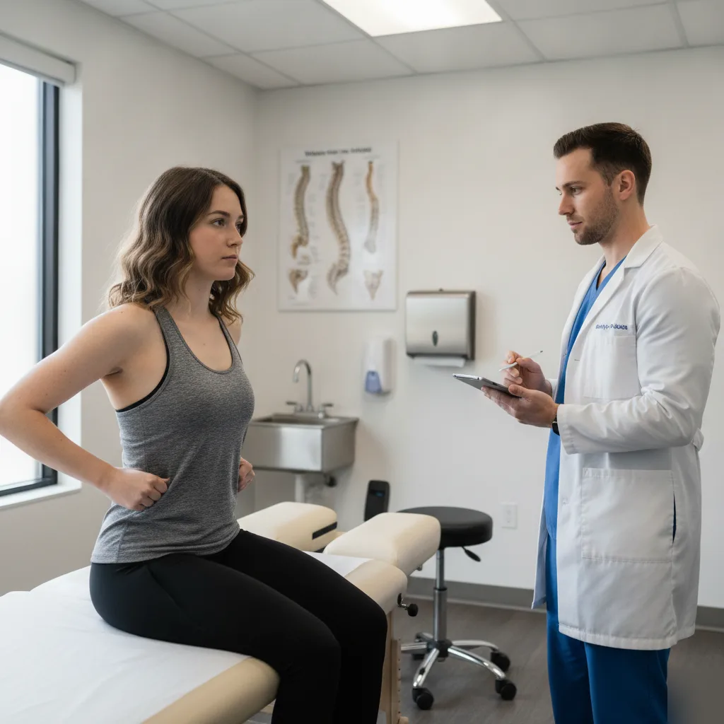 Woman holding her lower back while a doctor takes notes during a herniated disc mobility assessment in Leesburg
