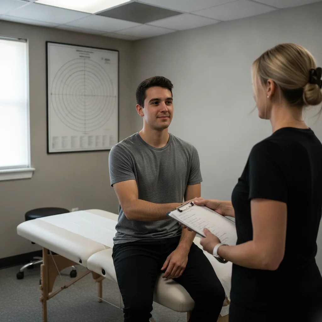 Doctor with a clipboard talking with a patient seated on a treatment table during a holistic health consultation in Leesburg