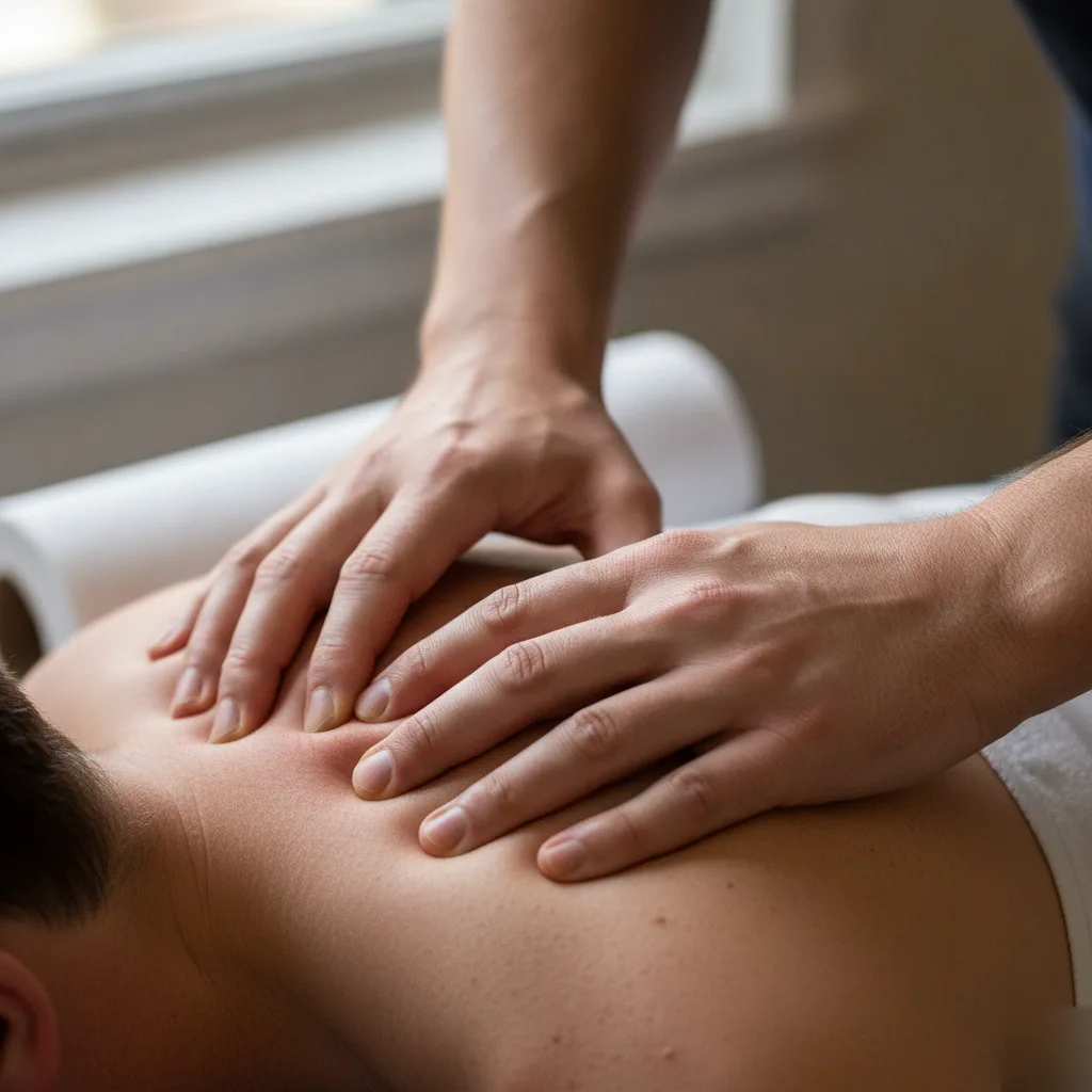 Close-up of a doctor's hands placed on a patient's upper back during a focused, hands-on assessment