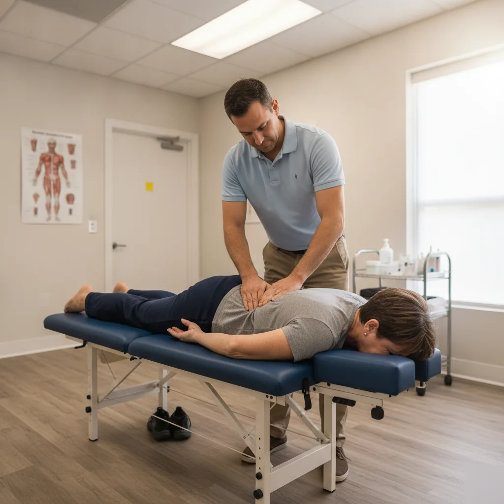 Doctor performing a hands-on spinal assessment on a patient lying face down during a first holistic health consultation visit