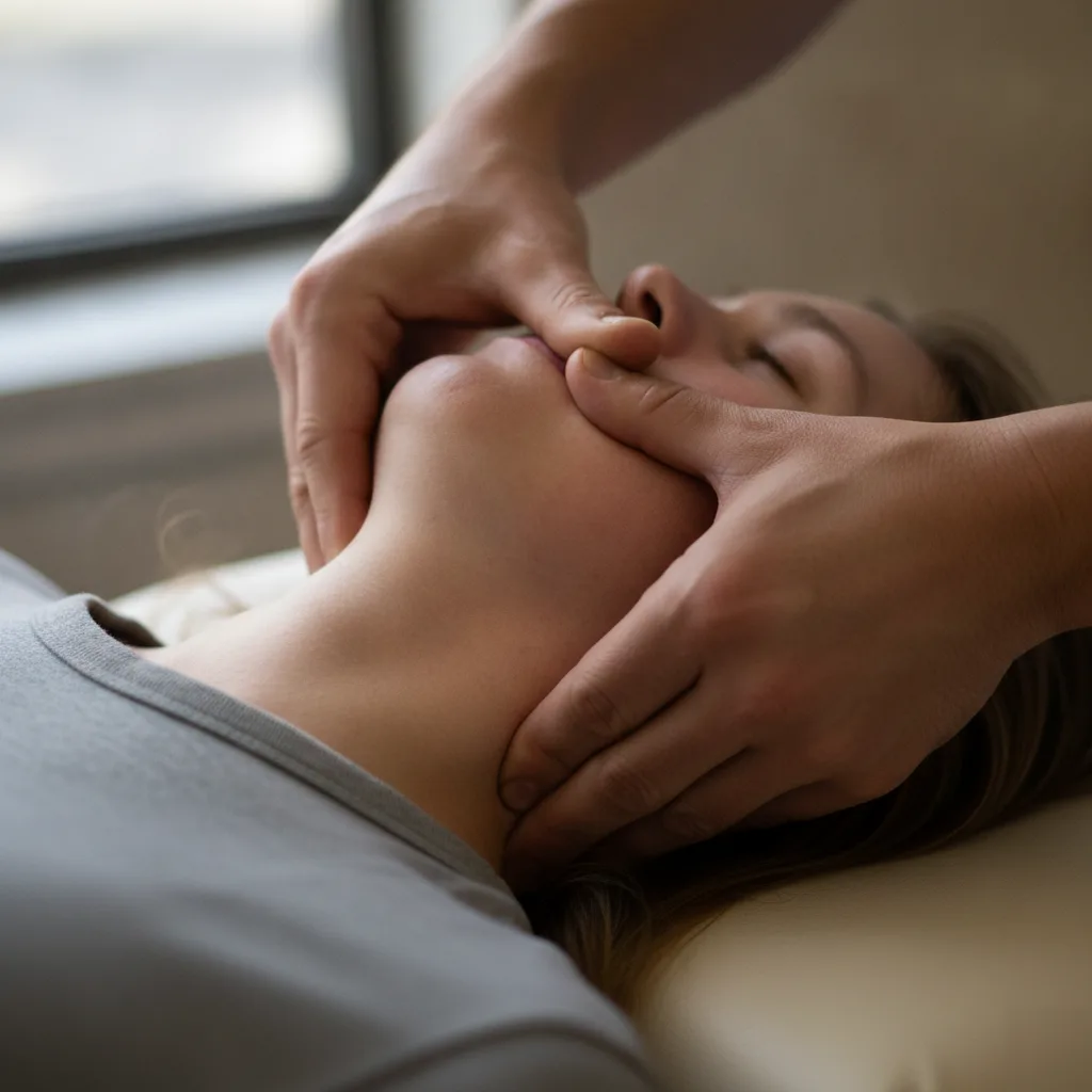 Doctor's hands applying gentle pressure along a patient's jaw and upper neck during a migraine relief treatment