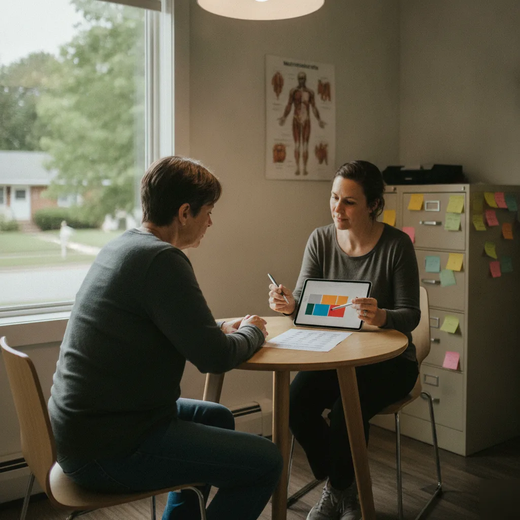 Two women seated at a round table reviewing a chart on a tablet during a nutritional counseling consultation in Leesburg