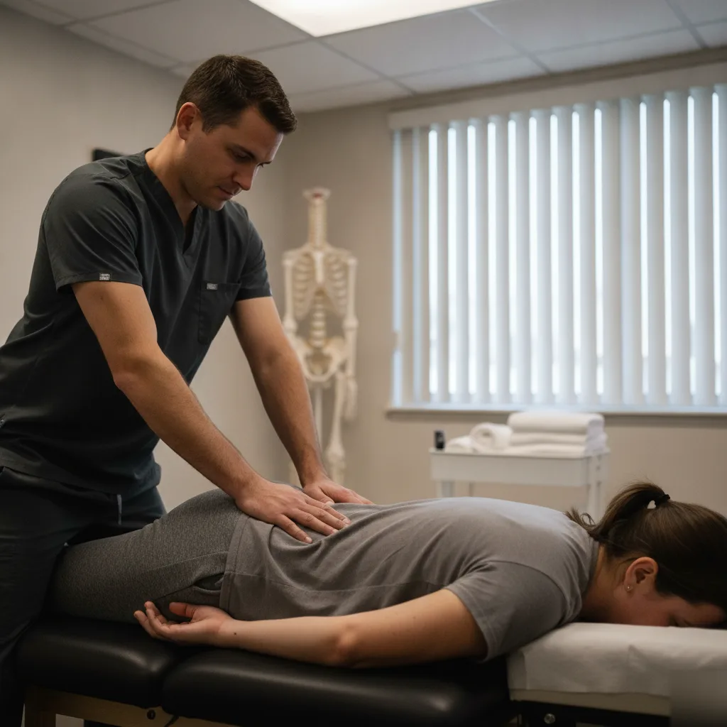 Provider gently working on a patient's lower back as she lies face down on a treatment table in a Leesburg clinic