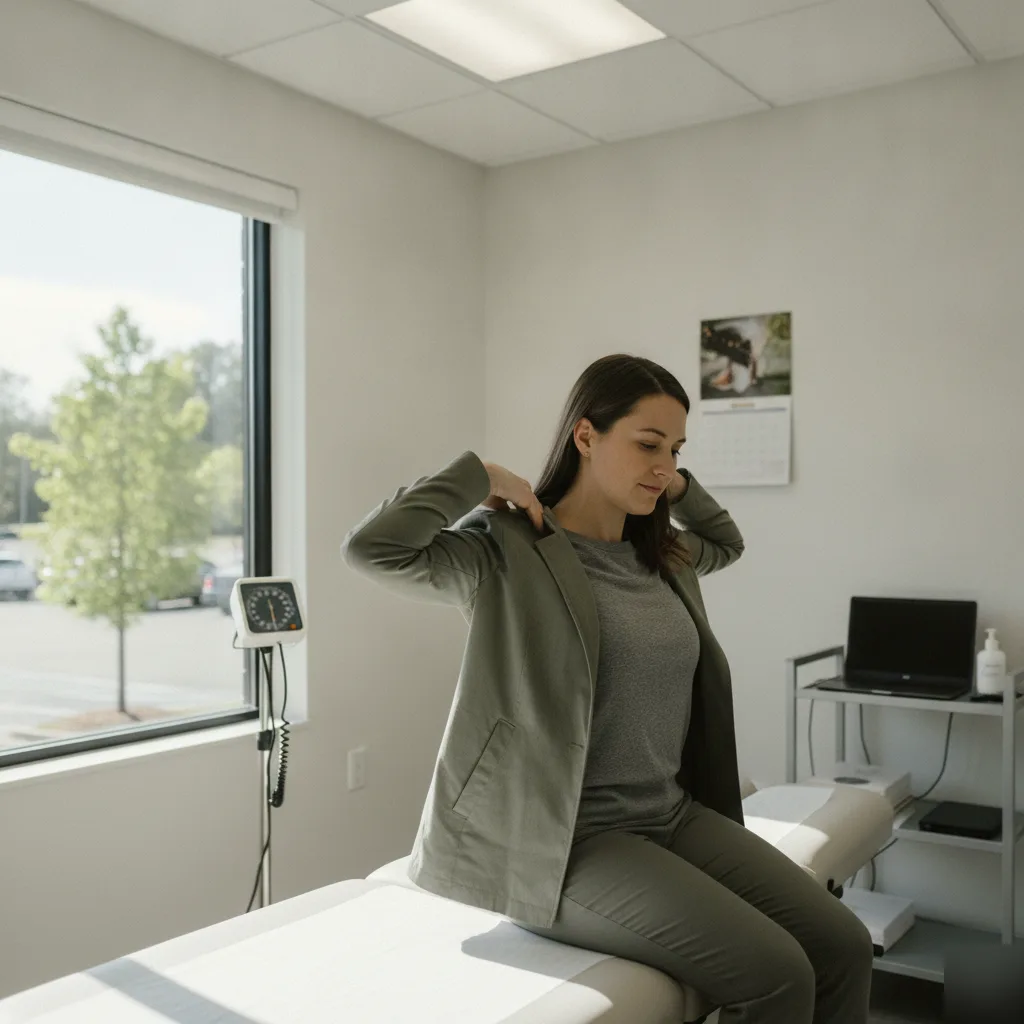 Woman seated on an exam table reaching up to rub the tight muscles at the back of her neck and shoulder