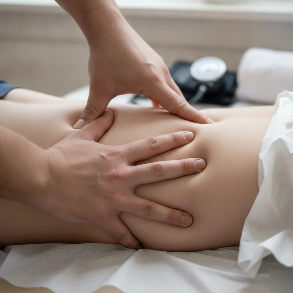 Close-up of a provider's hands working into the tight muscles around a patient's hip and lower back