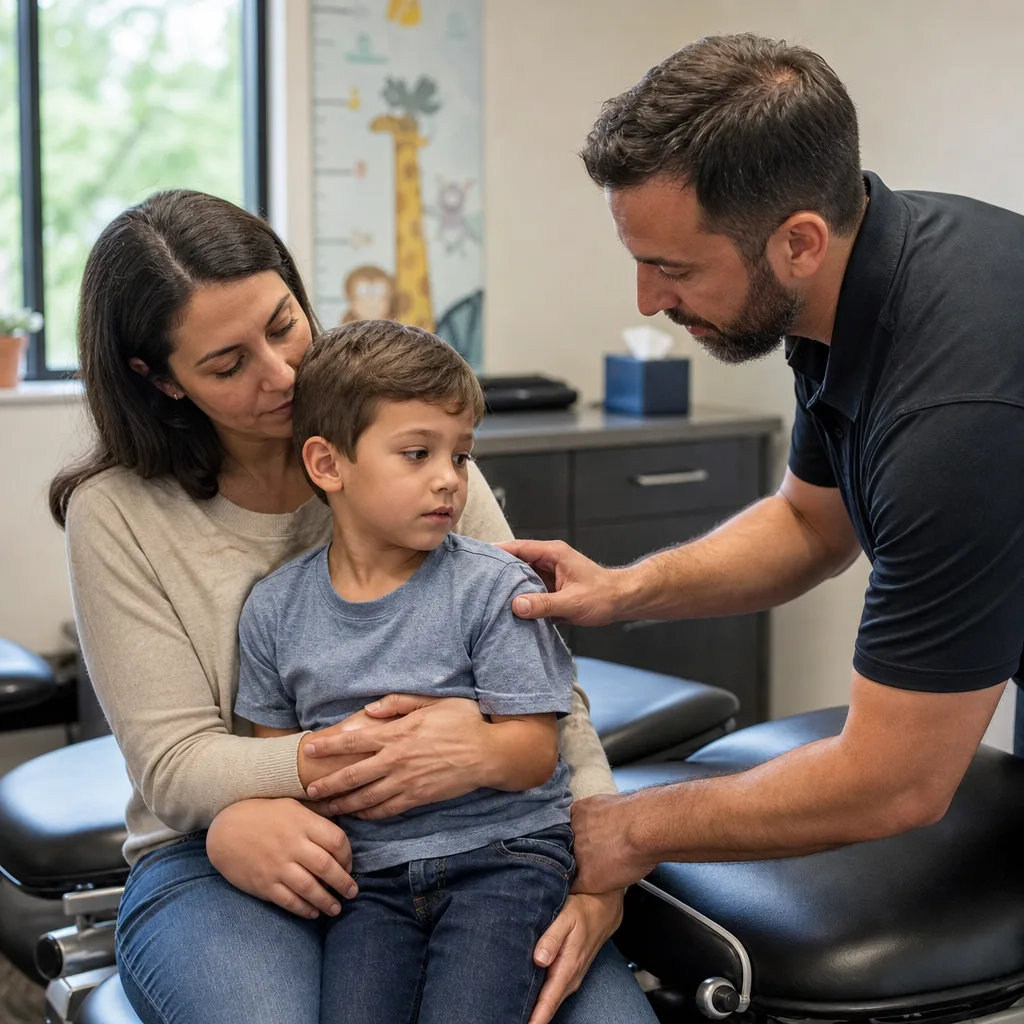 Mother holding her young son on her lap while a chiropractor gently checks the boy's shoulder during a pediatric exam