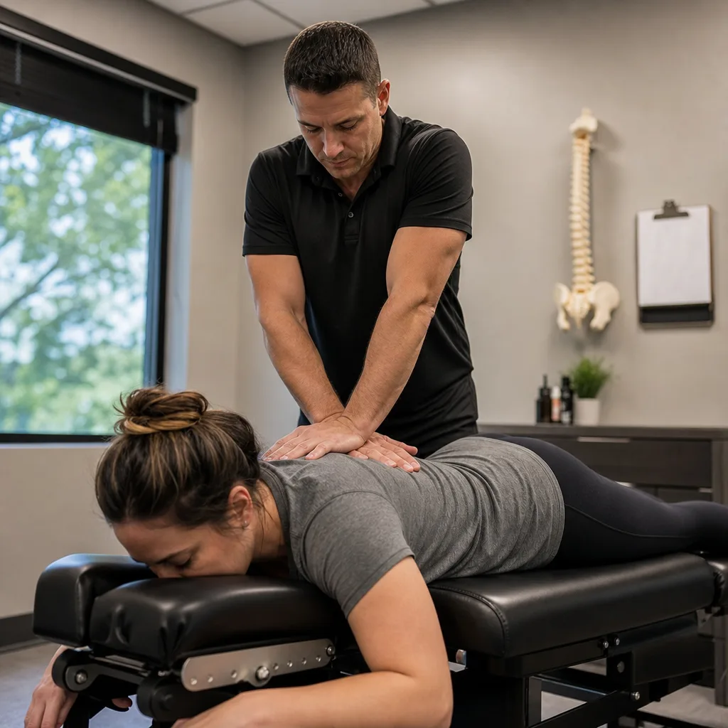 Chiropractor performing a gentle lower back adjustment on a patient lying face down on a treatment table in Leesburg