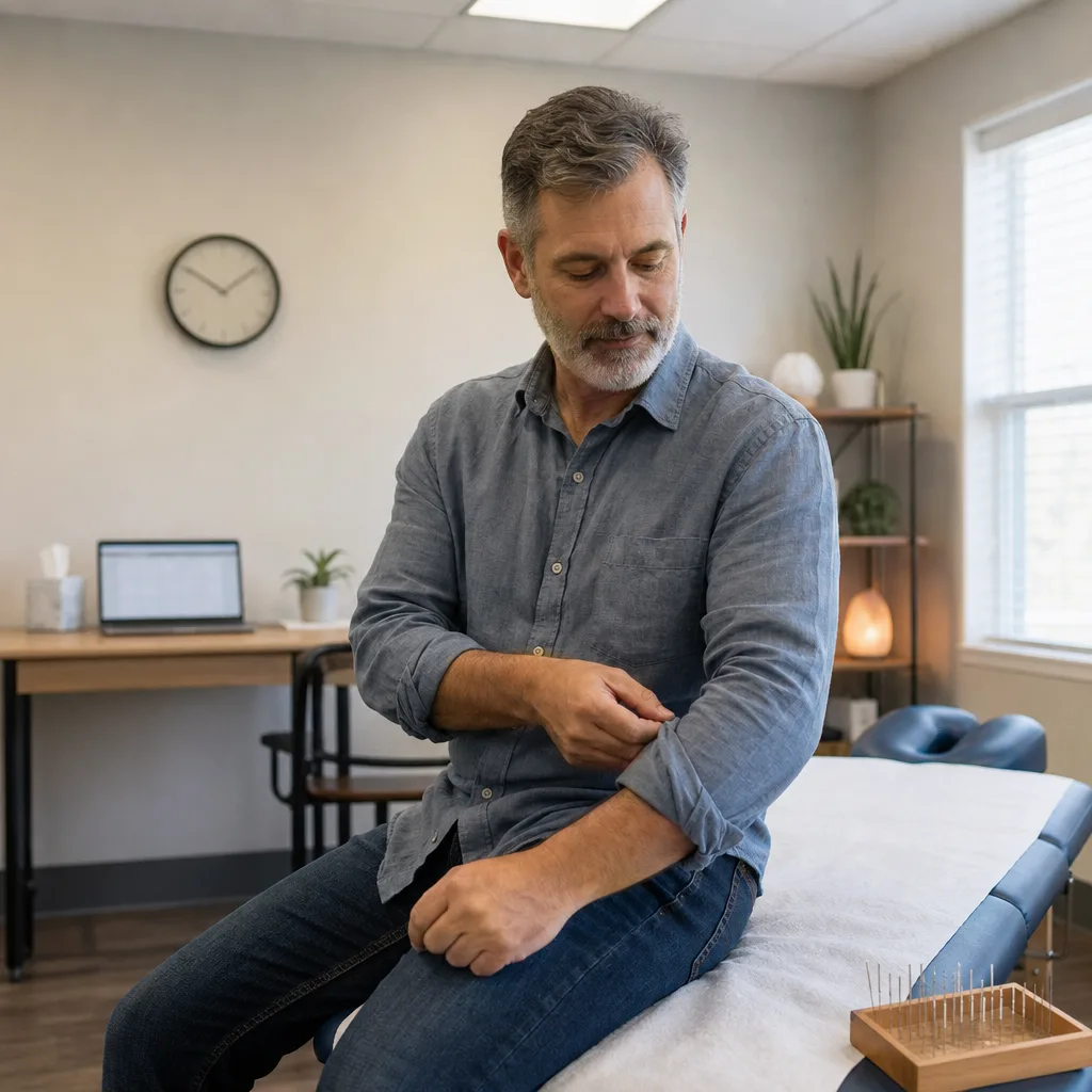 Man seated on a treatment table rolling up his shirt sleeve before an acupuncture session