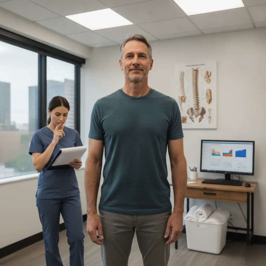 Man standing with relaxed, upright posture beside a doctor taking notes after headache relief care at New Energy Chiropractic