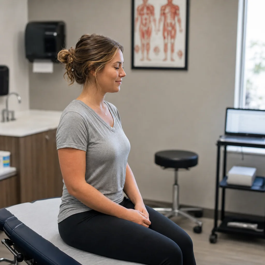 Patient lying on a padded roller table while a chiropractor stands beside her during roller table therapy in Leesburg
