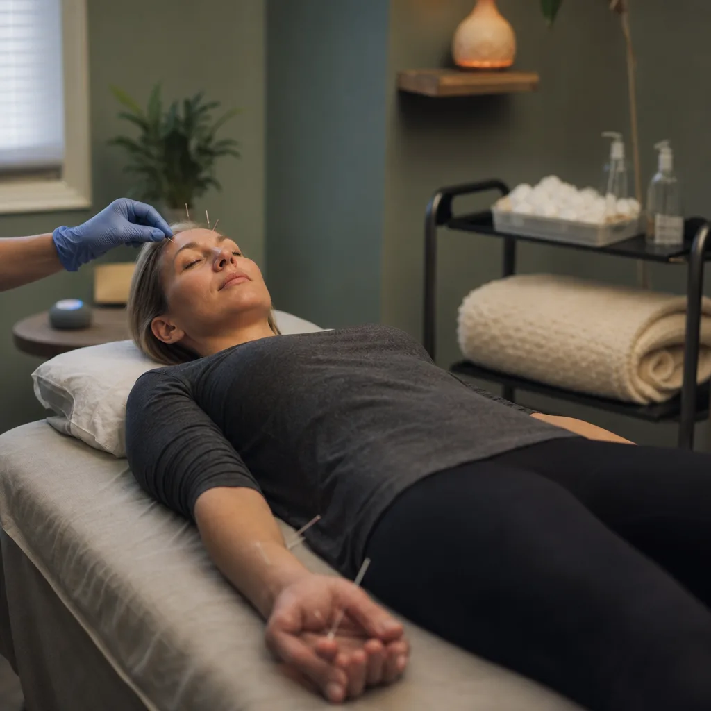 Woman resting with her eyes closed on a treatment table during a stress and anxiety acupuncture session in Leesburg