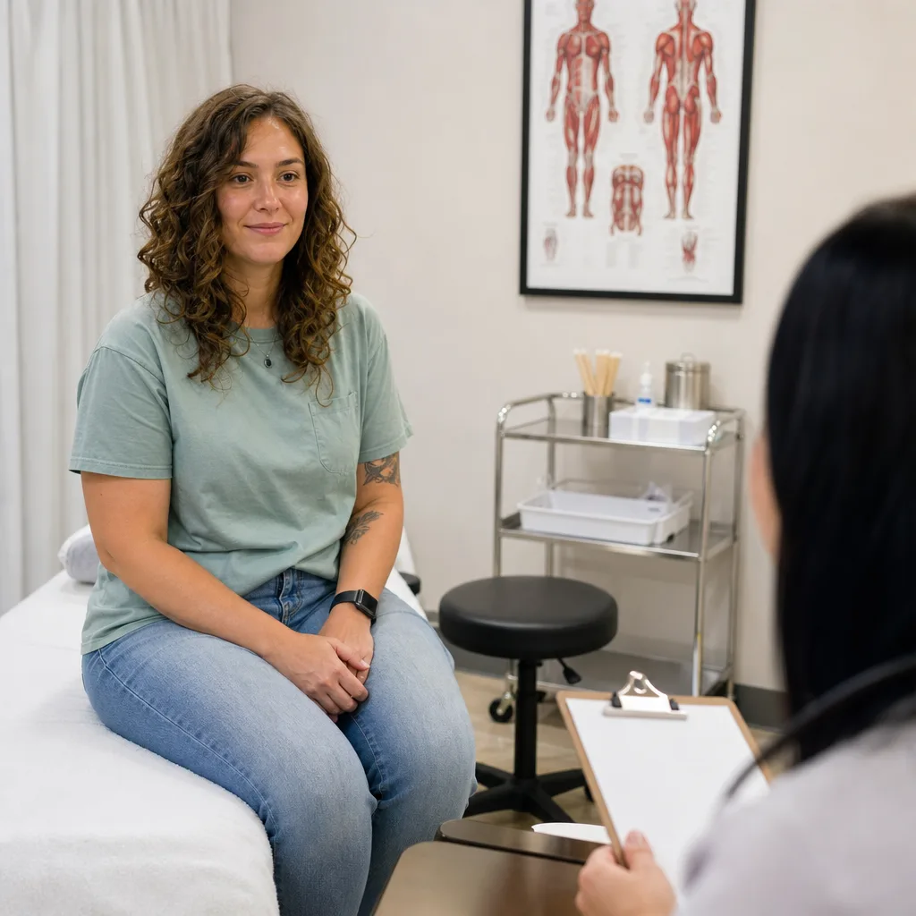 Smiling woman seated on a treatment table talking with a practitioner holding a clipboard during an intake conversation