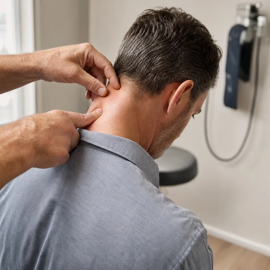 Chiropractor's hands gently assessing the muscles at the base of a patient's neck and upper shoulder